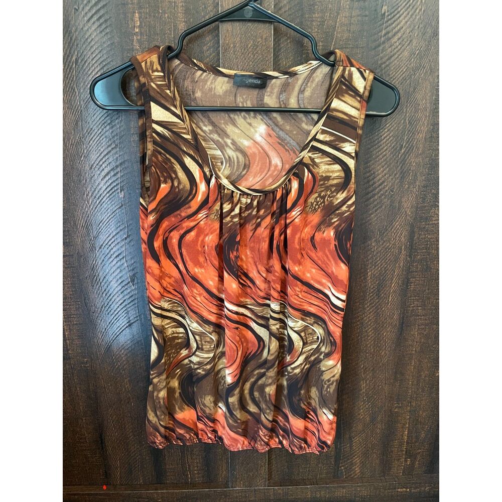Abstract Swirl Print Sleeveless Blouse Large Brown Rust Y2K Boho Draped Top